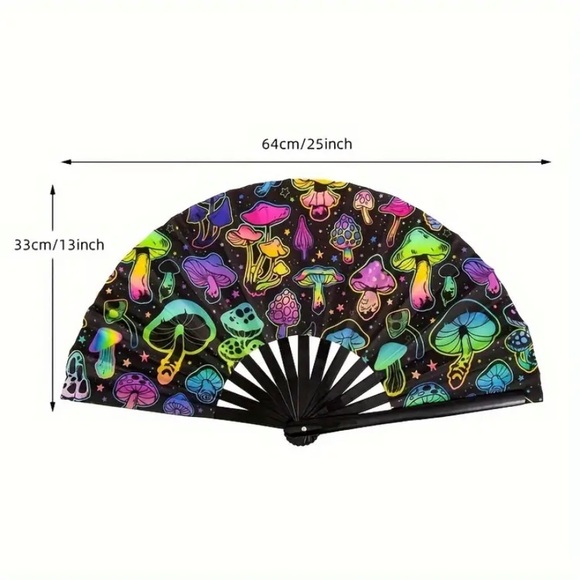 Mushroom Print UV Reflective Dance Rave Fan Accessory Bamboo Sateen Black Neon - Picture 5 of 7